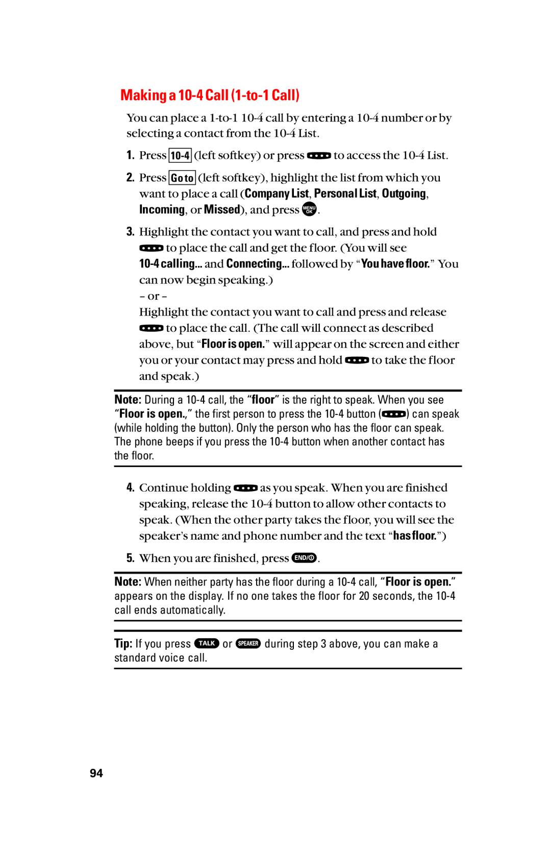 Sanyo scp8300 manual Making a 10-4 Call 1-to-1 Call 