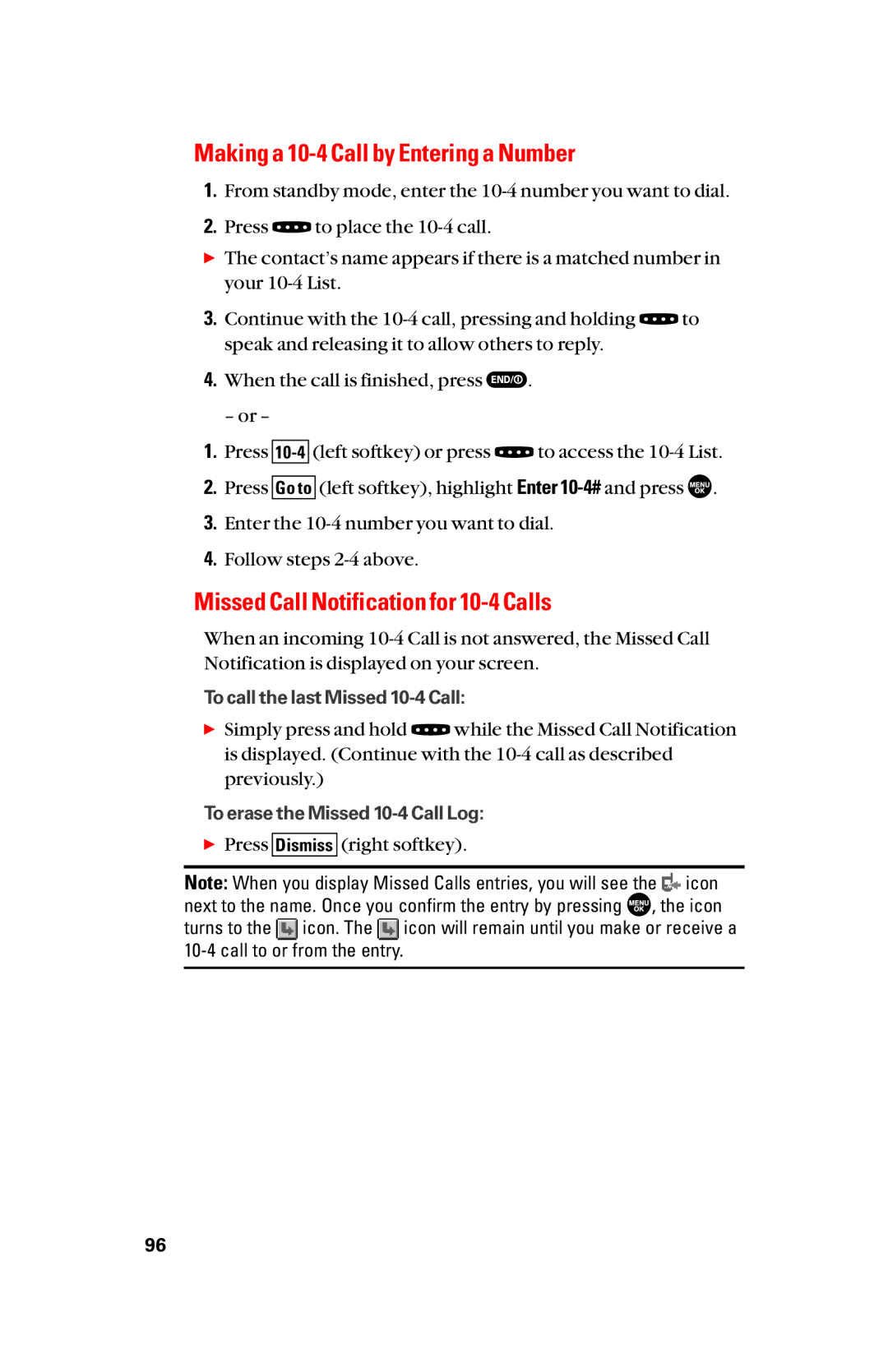 Sanyo scp8300 manual Making a 10-4 Call by Entering a Number, Missed Call Notification for 10-4 Calls 