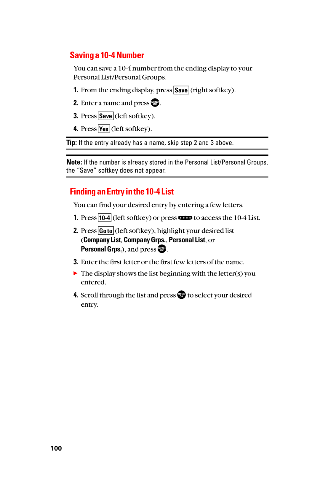 Sanyo scp8300 manual Saving a 10-4 Number, Finding an Entry in the 10-4 List 