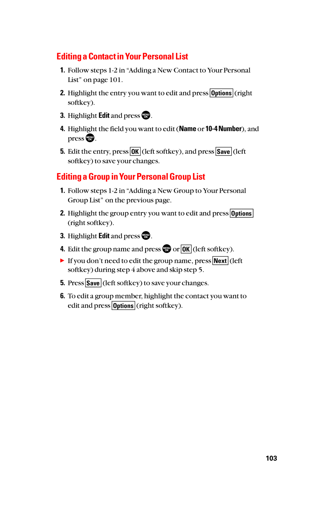 Sanyo scp8300 manual Editing a Contact in Your Personal List, Editing a Group in Your Personal Group List 