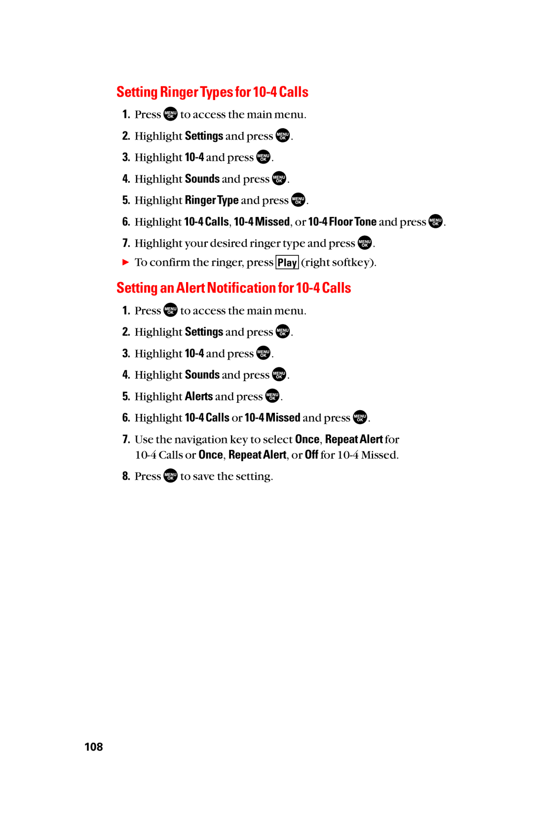 Sanyo scp8300 manual Setting Ringer Types for 10-4 Calls, Setting an Alert Notification for 10-4 Calls 