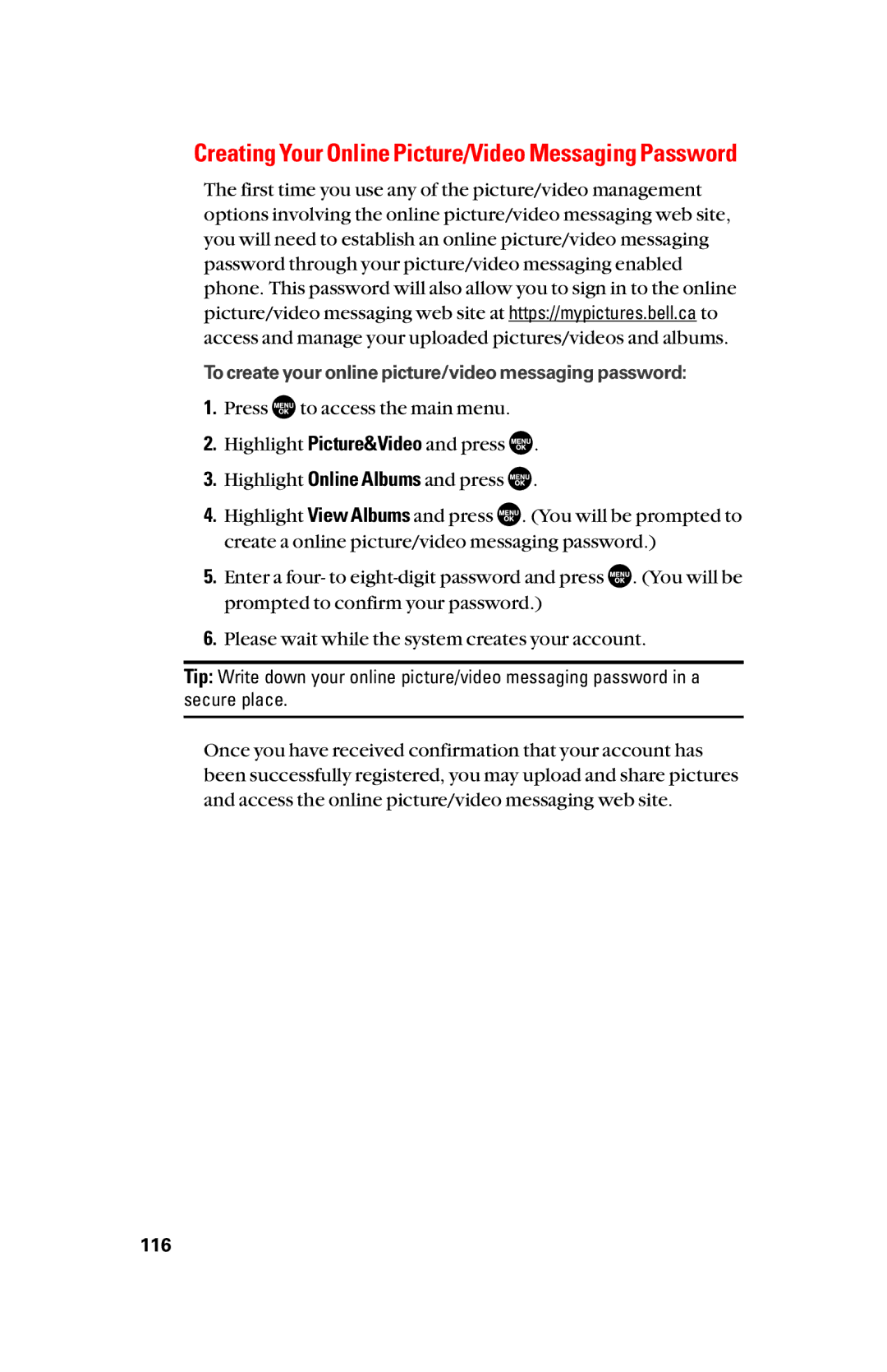 Sanyo scp8300 manual Creating Your Online Picture/Video Messaging Password 