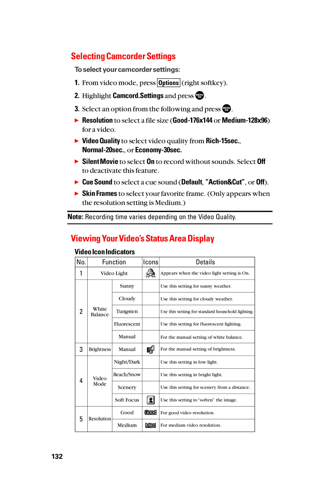 Sanyo scp8300 Selecting Camcorder Settings, Viewing Your Video’s Status Area Display, Normal-20sec., or Economy-30sec 