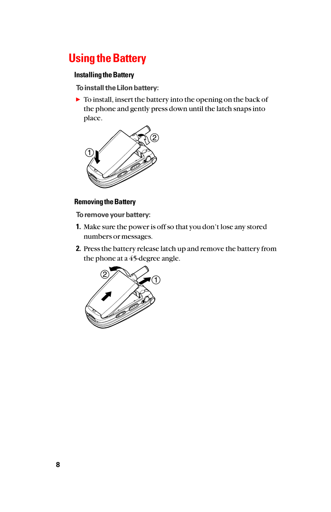 Sanyo scp8300 manual Using the Battery, Installing the Battery, Removing the Battery 