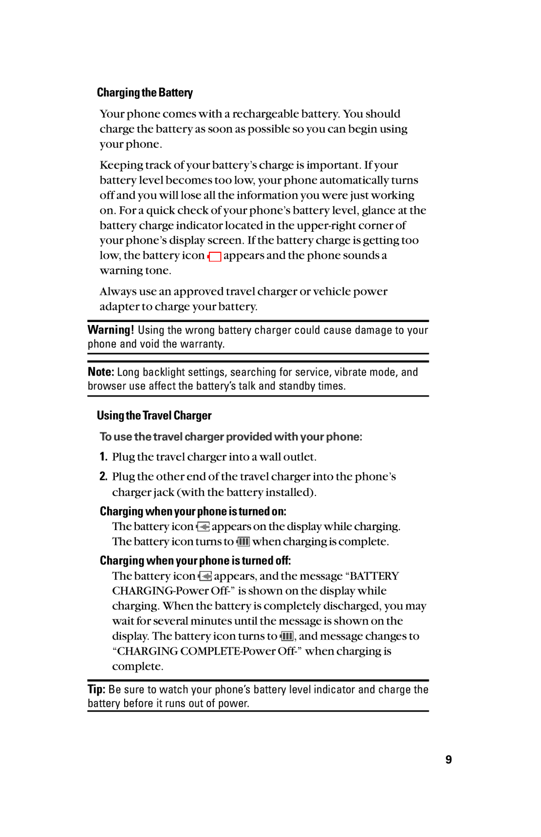 Sanyo scp8300 manual Charging the Battery, Using the Travel Charger, Charging when your phone is turned on 