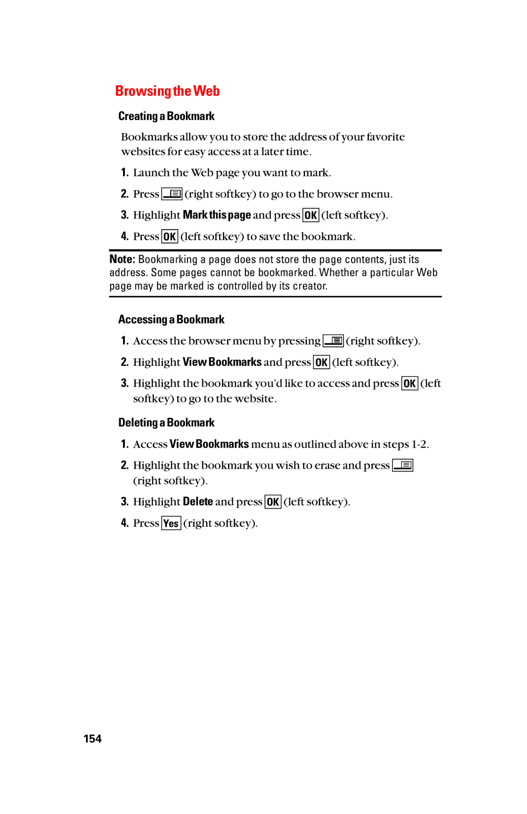 Sanyo scp8300 manual Browsing the Web, Creating a Bookmark, Accessing a Bookmark, Deleting a Bookmark 