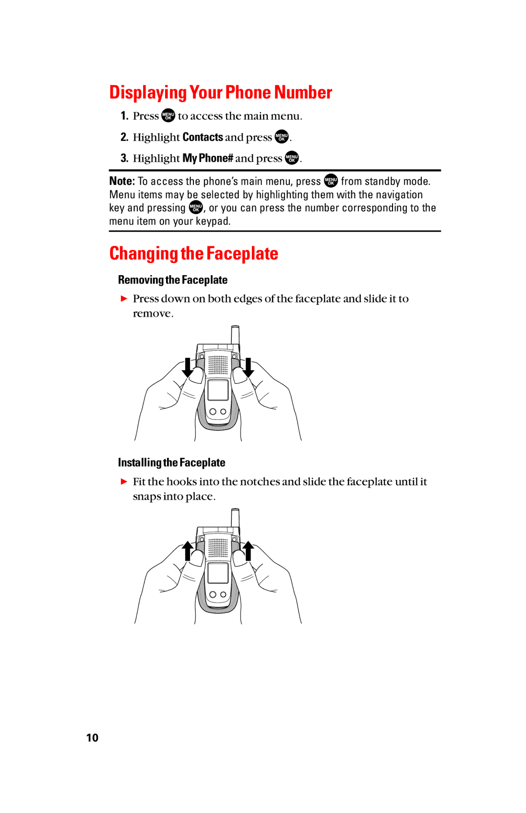 Sanyo scp8300 manual Displaying Your Phone Number, Changing the Faceplate, Removing the Faceplate, Installing the Faceplate 