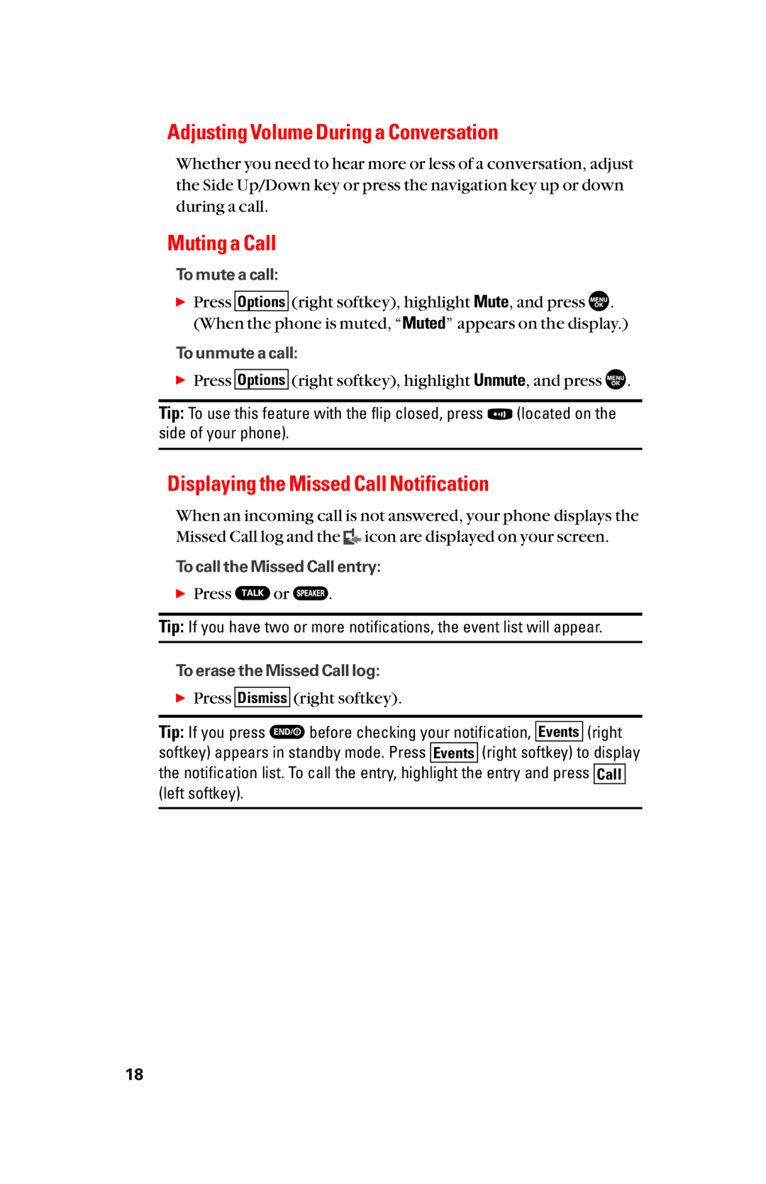 Sanyo scp8300 manual Adjusting Volume During a Conversation, Muting a Call, Displaying the Missed Call Notification 