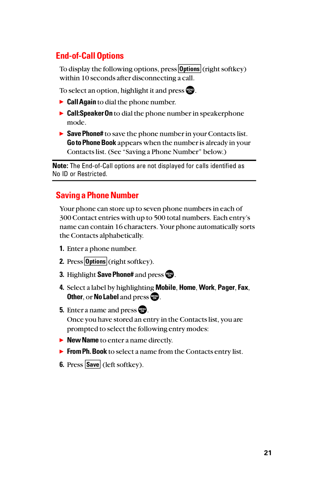 Sanyo scp8300 manual End-of-Call Options, Saving a Phone Number 