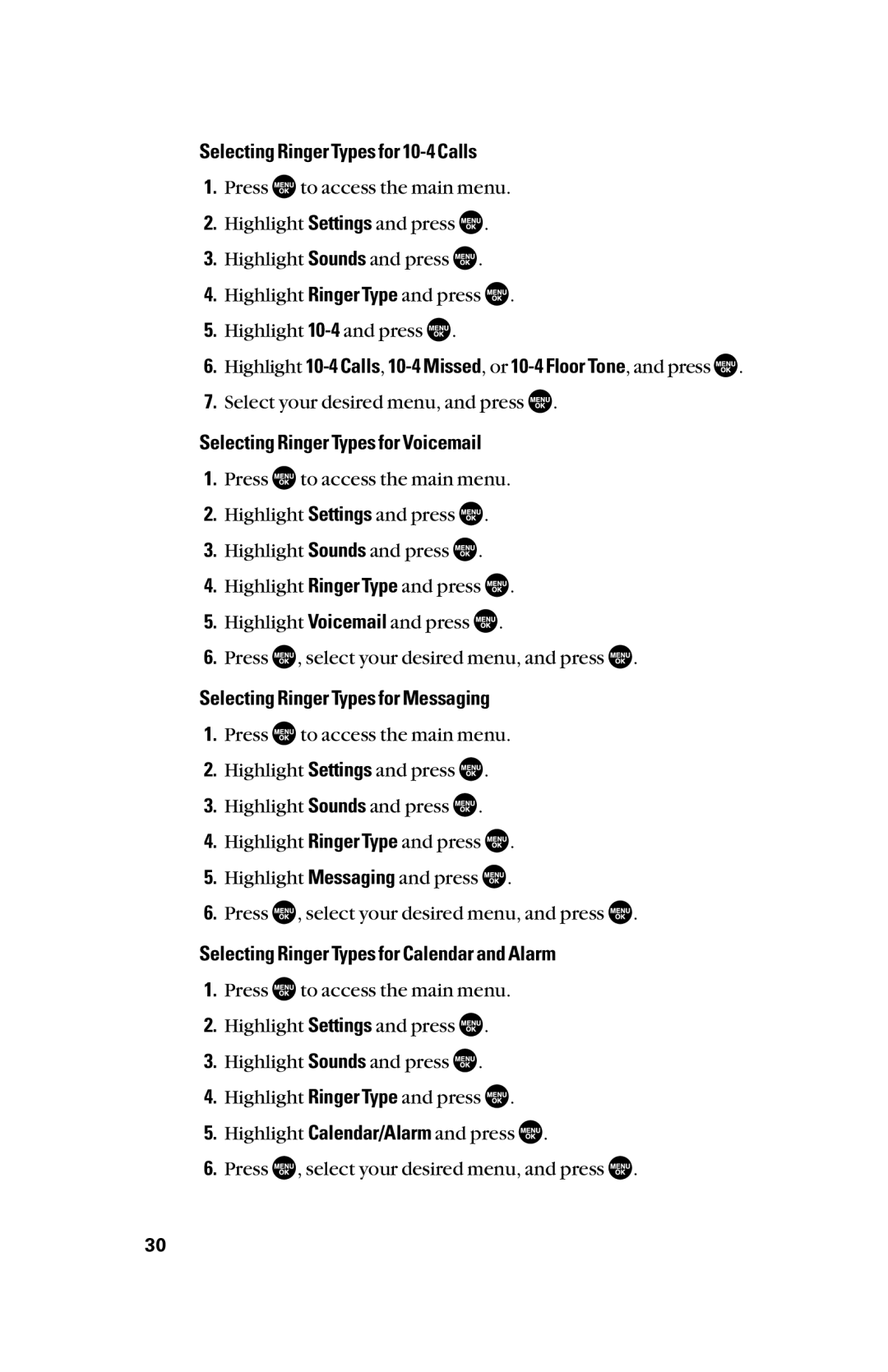 Sanyo scp8300 manual Selecting Ringer Types for 10-4 Calls, Selecting Ringer Types for Voicemail 