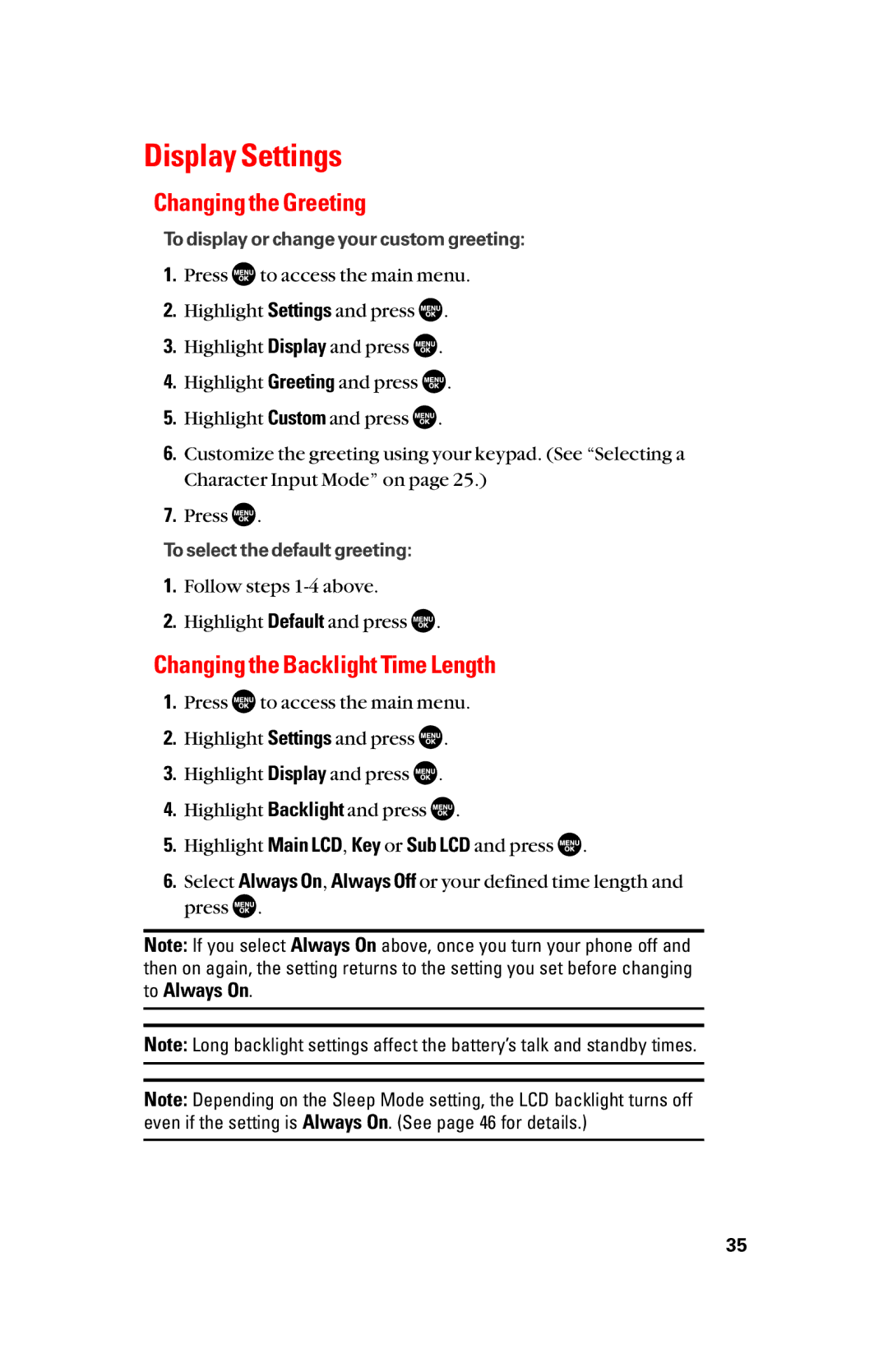 Sanyo scp8300 manual Display Settings, Changing the Greeting, Changing the Backlight Time Length 