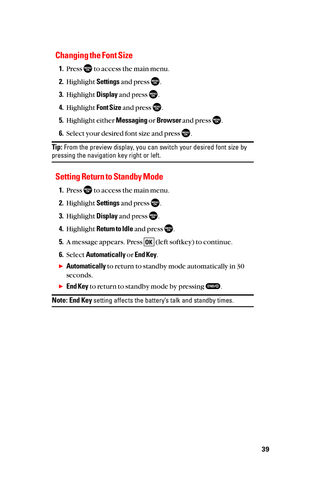 Sanyo scp8300 manual Changing the Font Size, Setting Return to Standby Mode, Select Automatically or End Key 