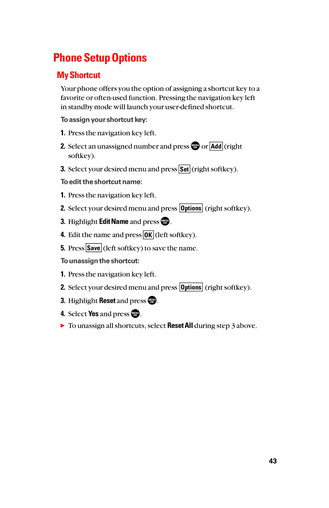 Sanyo scp8300 manual Phone Setup Options, My Shortcut 