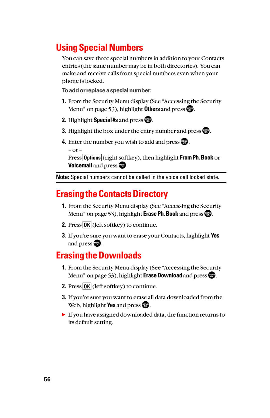 Sanyo scp8300 manual Using Special Numbers, Erasing the Contacts Directory, Erasing the Downloads 