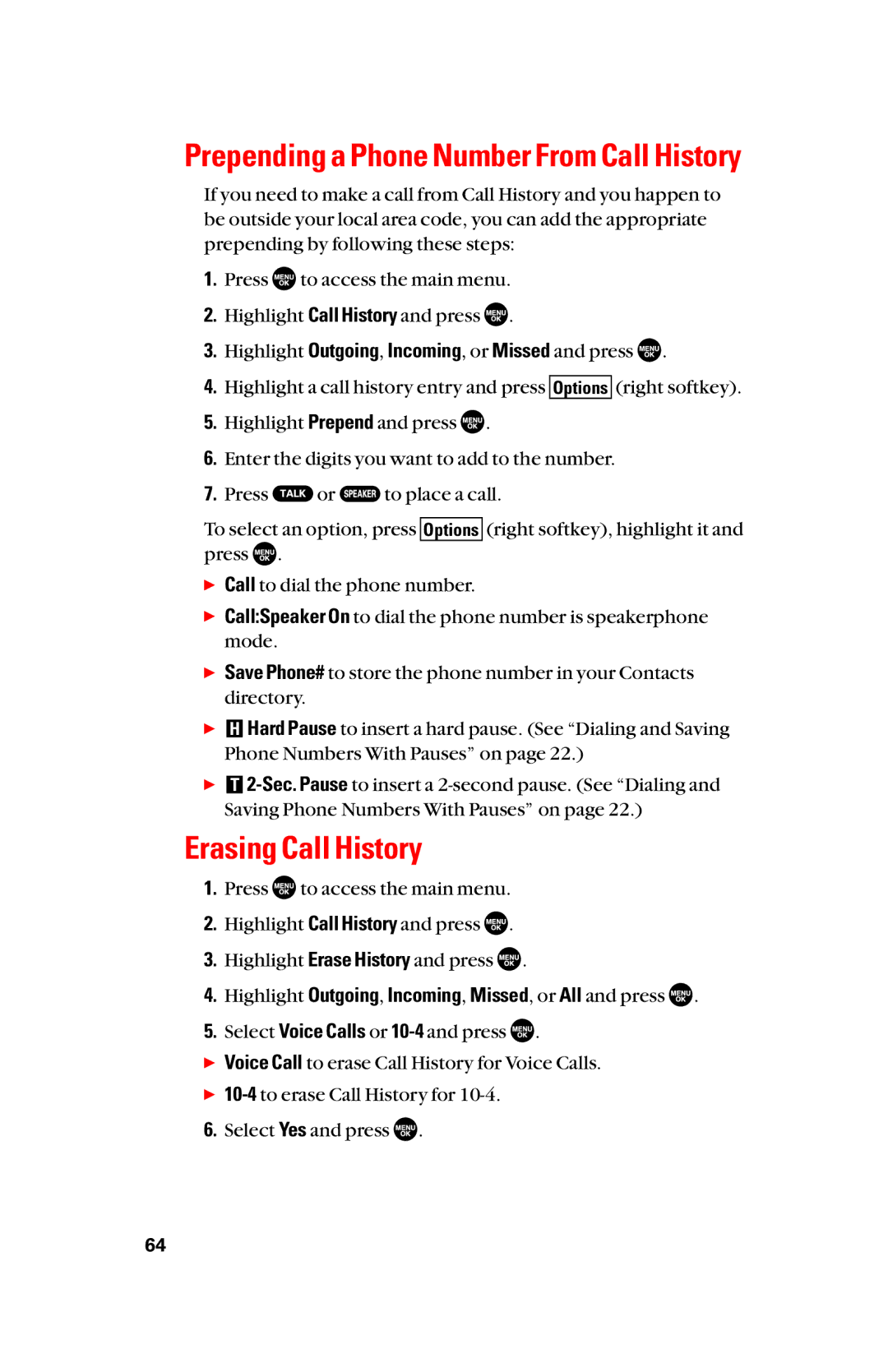 Sanyo scp8300 manual Erasing Call History, Prepending a Phone Number From Call History 