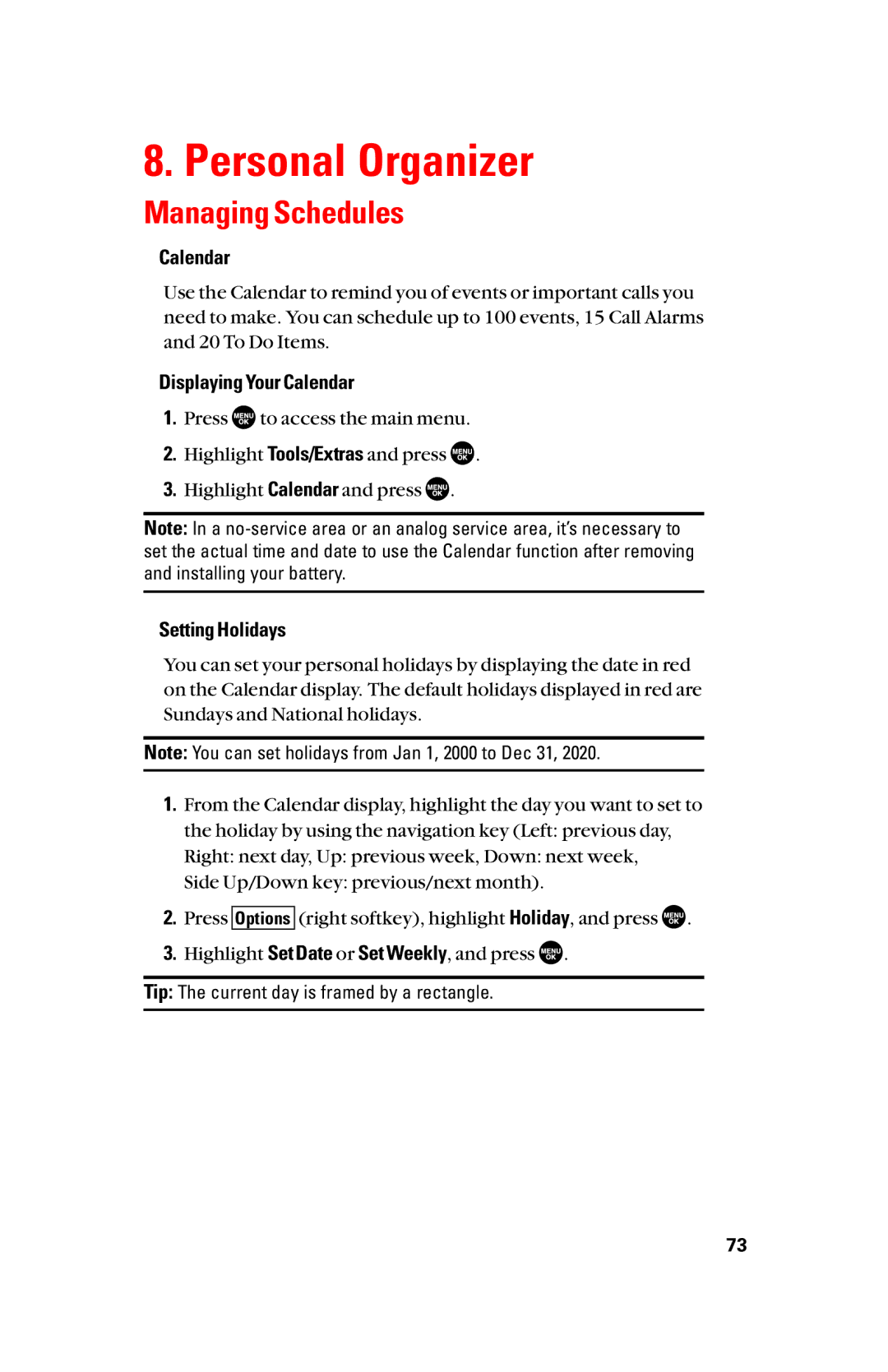 Sanyo scp8300 manual Personal Organizer, Managing Schedules, Displaying Your Calendar, Setting Holidays 
