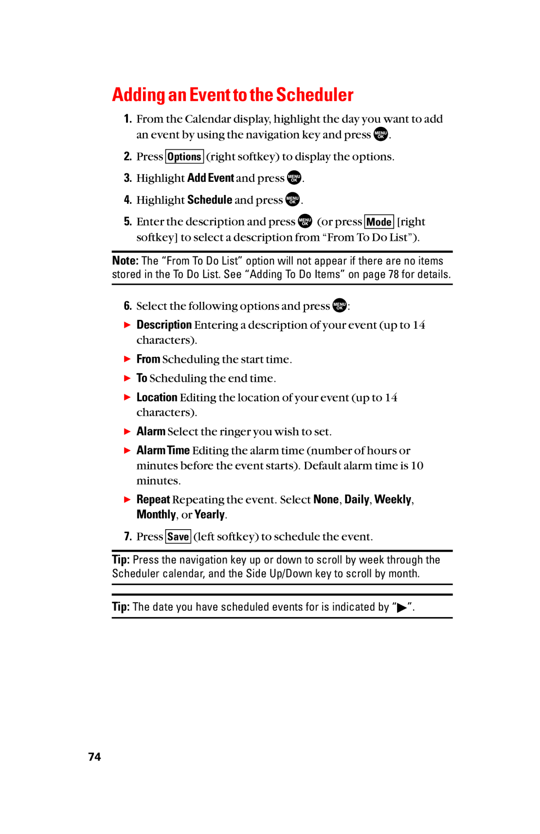 Sanyo scp8300 manual Adding an Event to the Scheduler, Monthly, or Yearly 