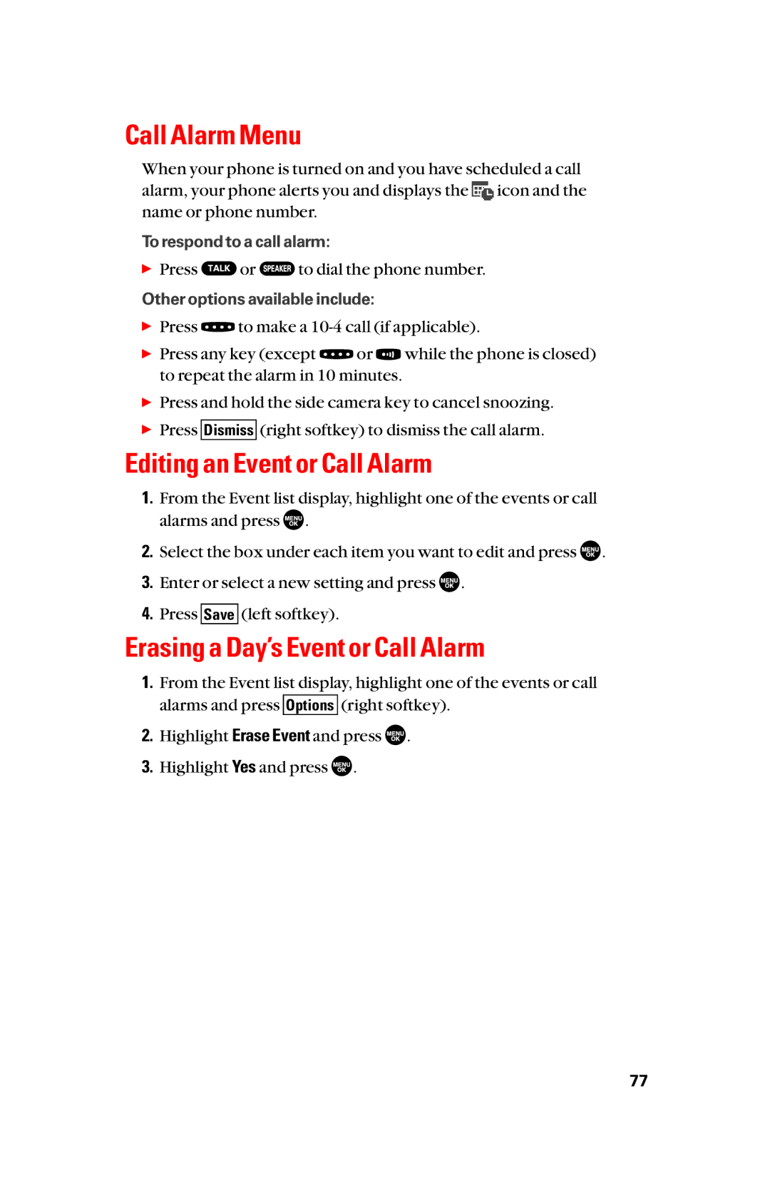 Sanyo scp8300 manual Call Alarm Menu, Editing an Event or Call Alarm, Erasing a Day’s Event or Call Alarm 