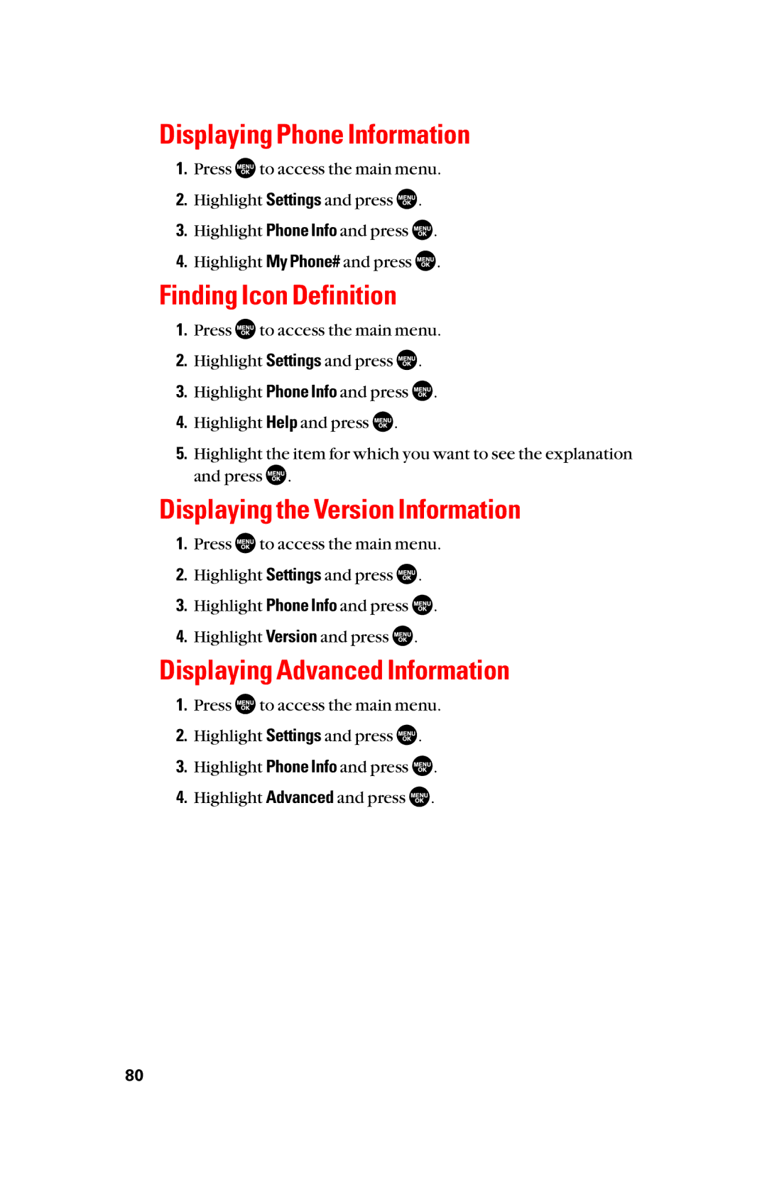 Sanyo scp8300 manual Displaying Phone Information, Finding Icon Definition, Displaying the Version Information 