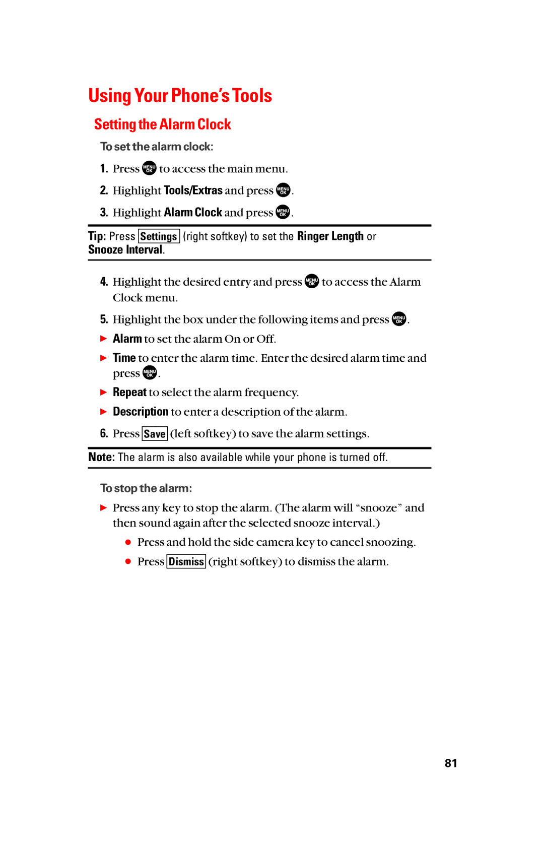 Sanyo scp8300 manual Using Your Phone’s Tools, Setting the Alarm Clock 