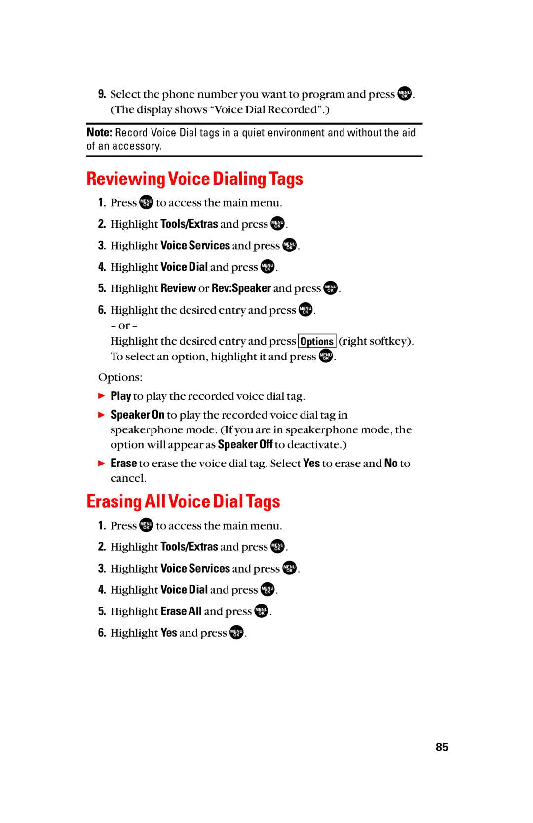 Sanyo scp8300 manual Reviewing Voice Dialing Tags, Erasing All Voice Dial Tags 