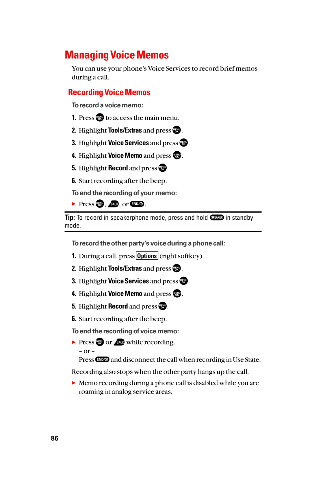 Sanyo scp8300 manual Managing Voice Memos, Recording Voice Memos 