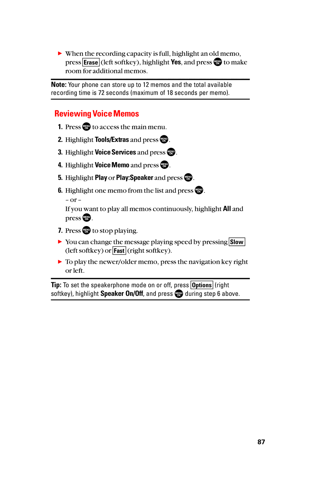 Sanyo scp8300 manual Reviewing Voice Memos 