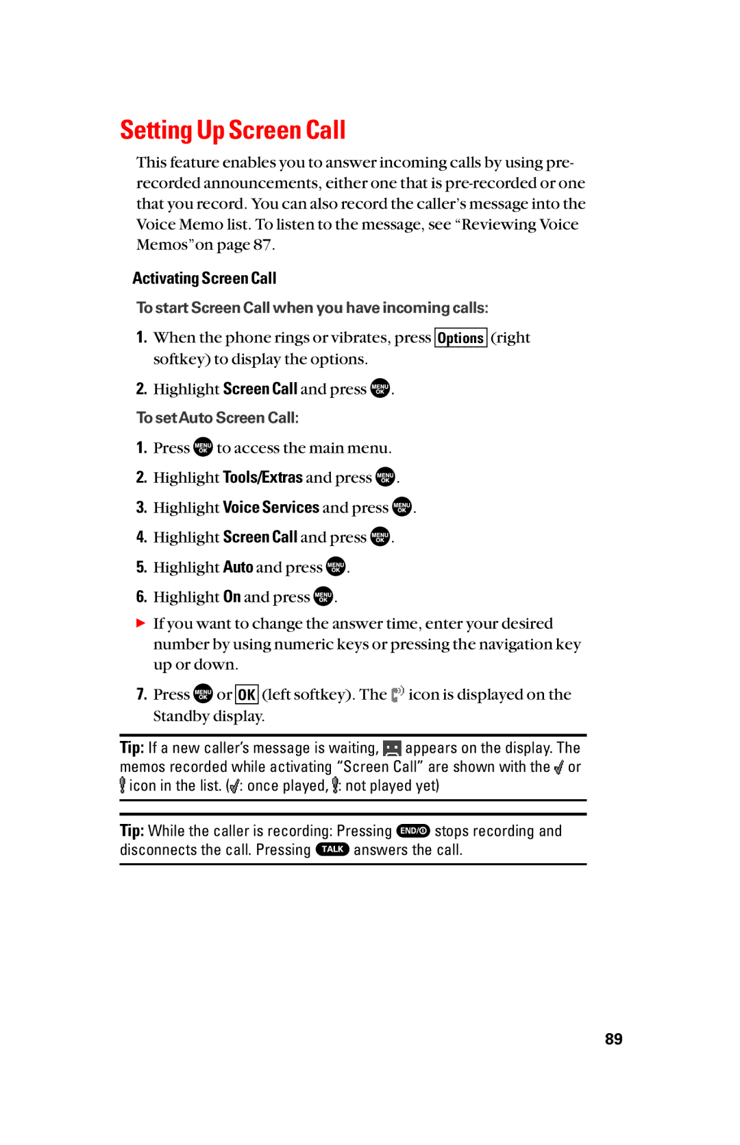 Sanyo scp8300 manual Setting Up Screen Call, Activating Screen Call 