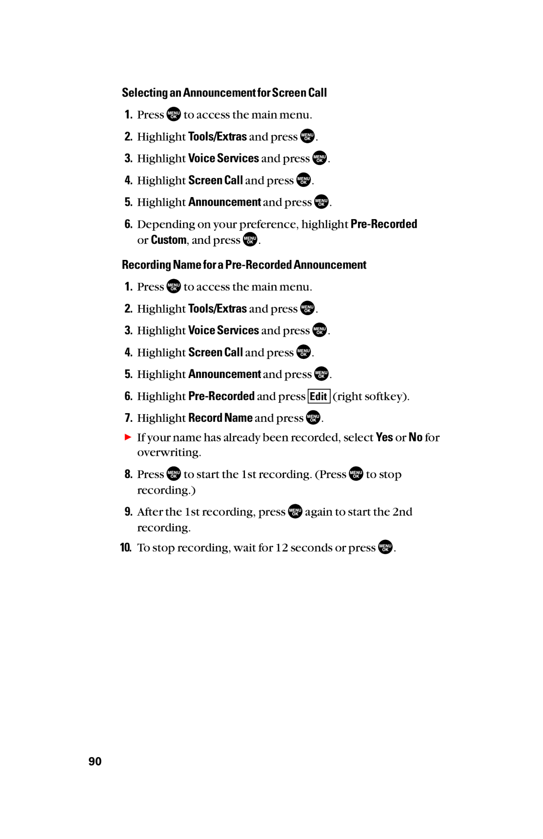 Sanyo scp8300 manual Selecting an Announcement for Screen Call, Recording Name for a Pre-Recorded Announcement 