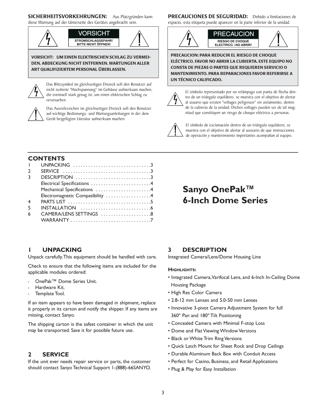 Sanyo Security Camera instruction manual Sanyo OnePak Inch Dome Series, Contents, Unpacking, Service, Description 