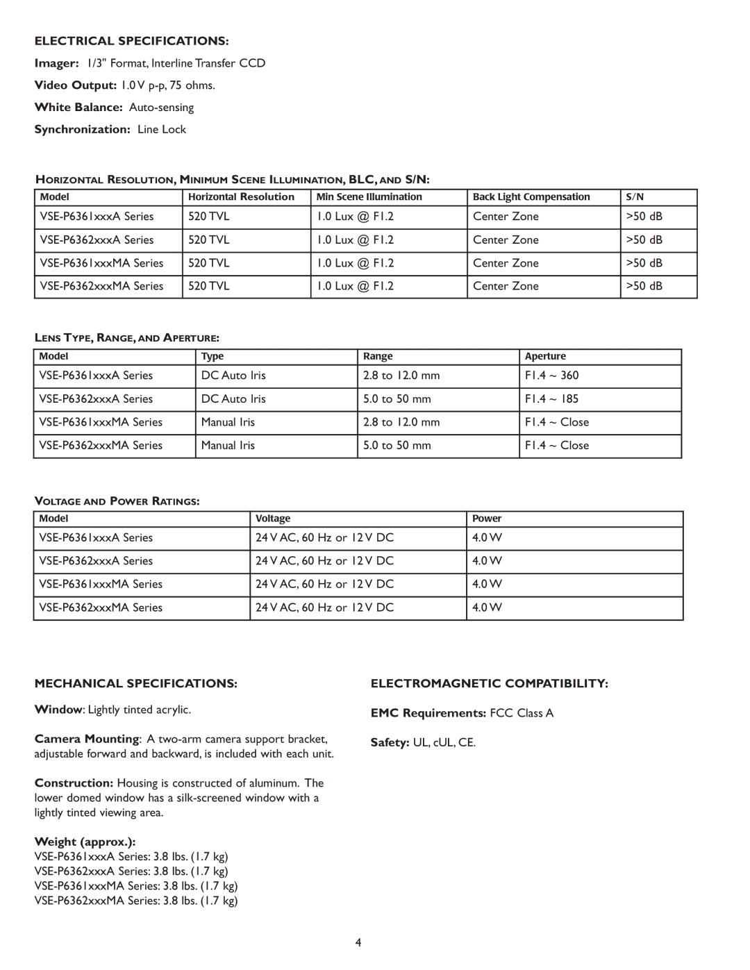 Sanyo Security Camera Electrical Specifications, Mechanical Specifications, Electromagnetic Compatibility 