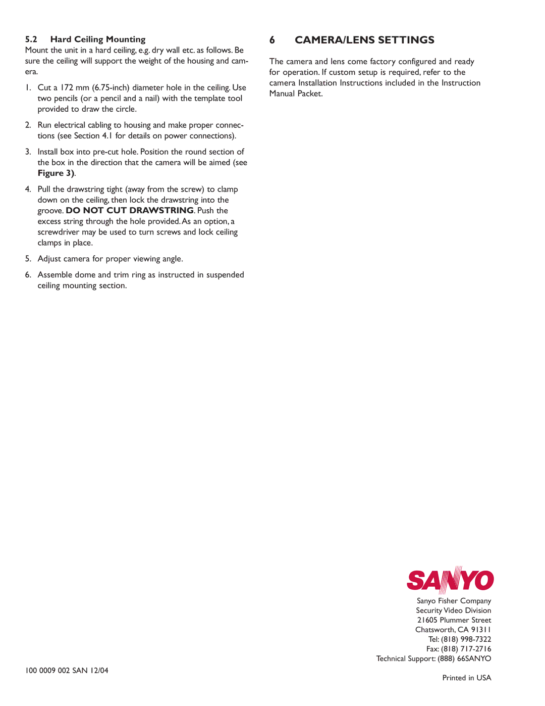 Sanyo Security Camera instruction manual CAMERA/LENS Settings 