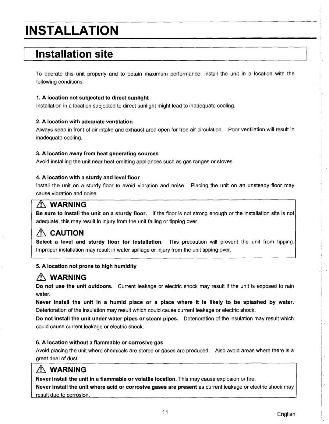 Sanyo SF-L6111 instruction manual Installation site 