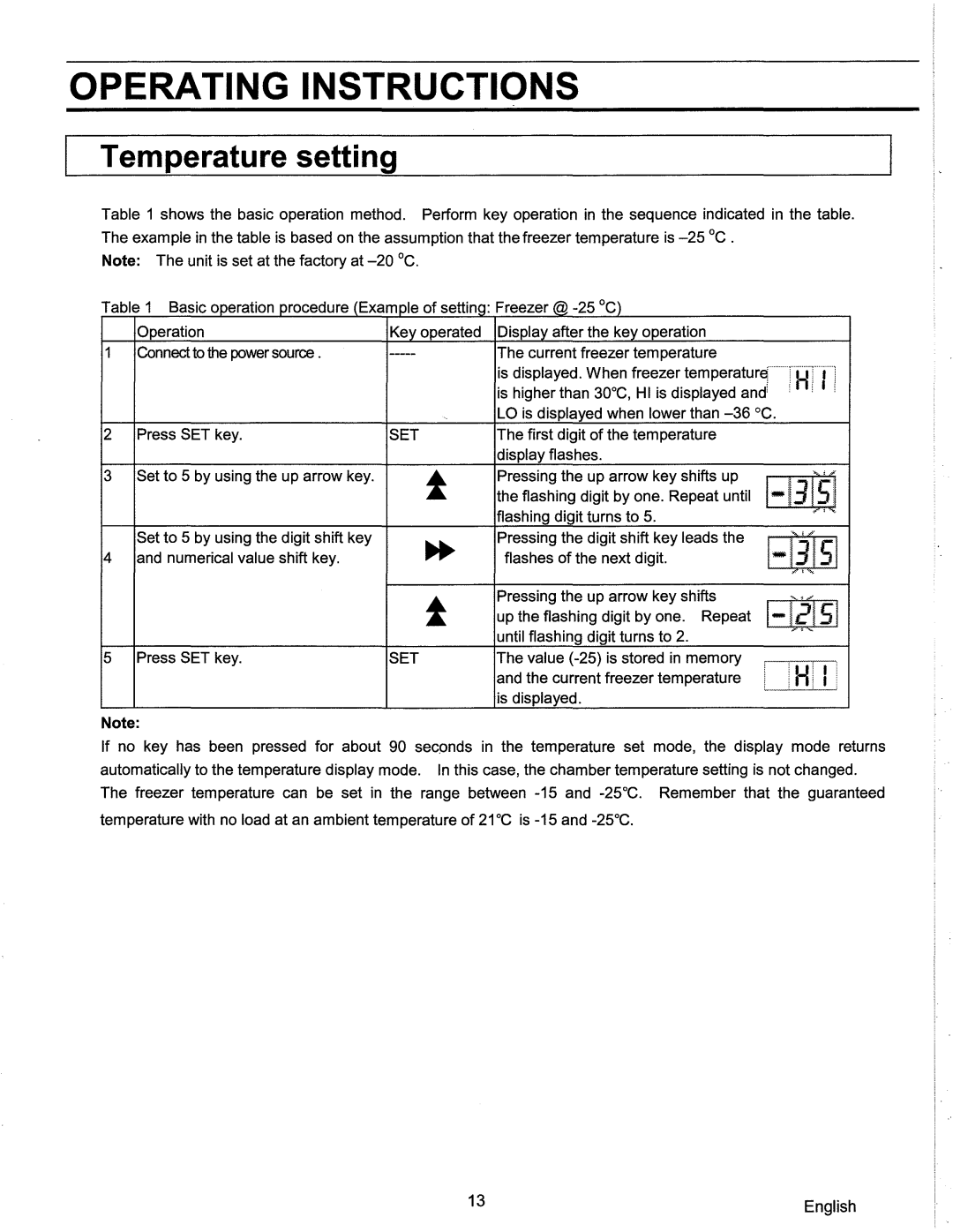 Sanyo SF-L6111 instruction manual Operating Instructions, Temperature setting 