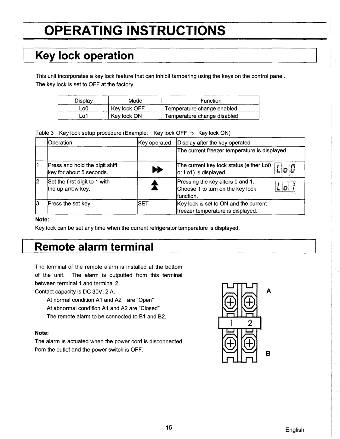 Sanyo SF-L6111 instruction manual Key lock operation, Remote alarm terminal 