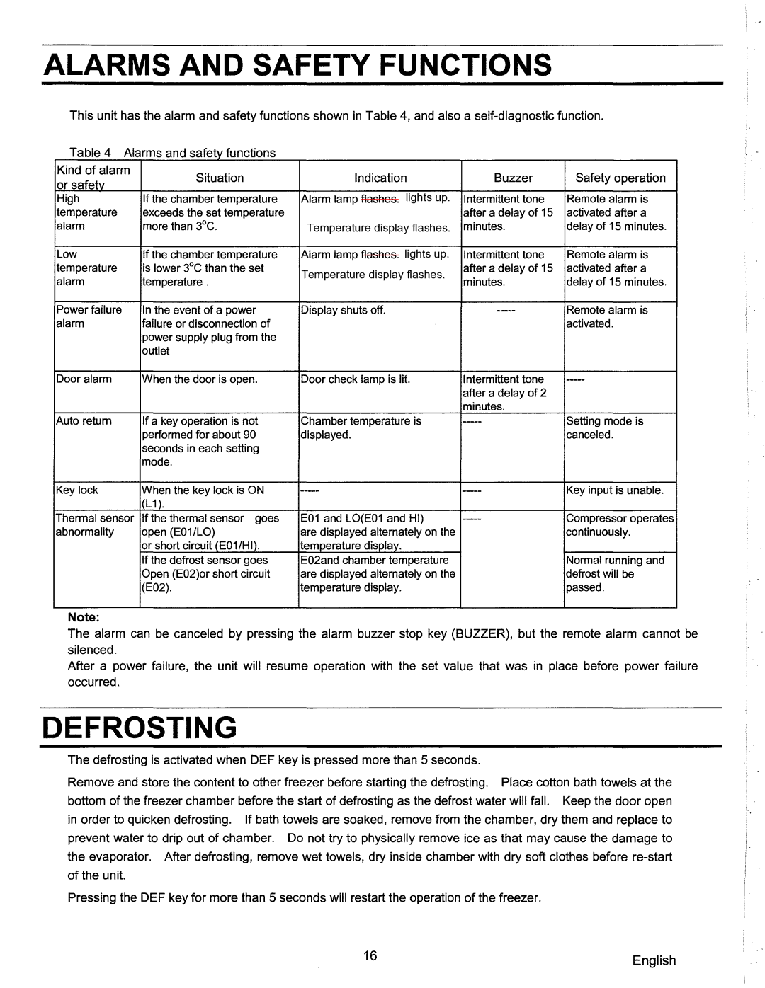 Sanyo SF-L6111 instruction manual Alarms and Safety Functions, Defrosting 