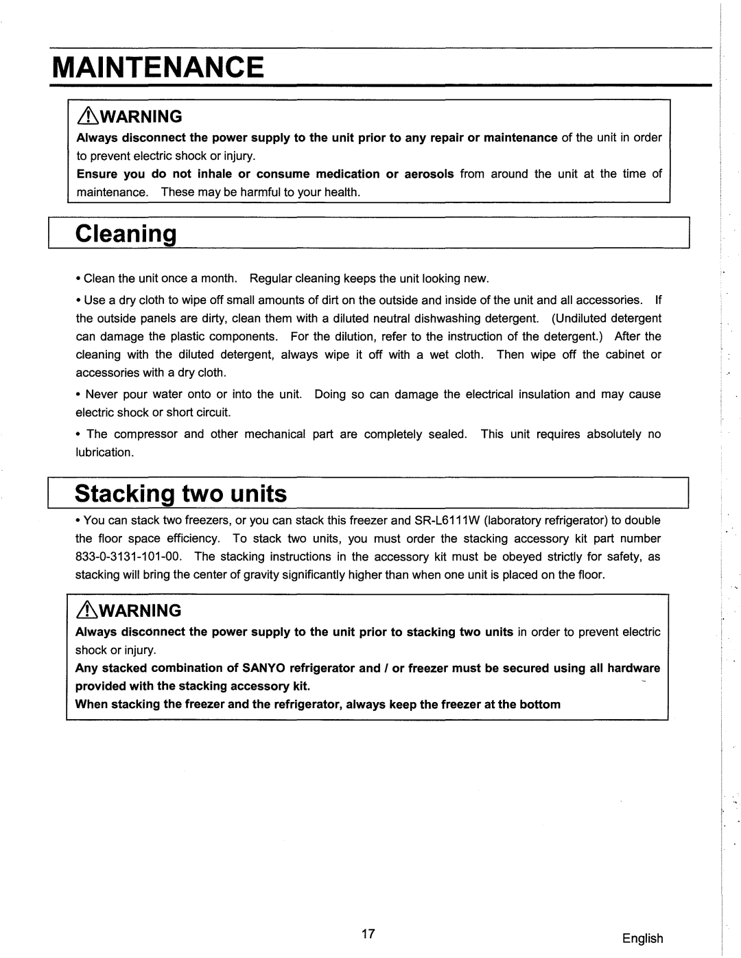 Sanyo SF-L6111 instruction manual Maintenance, Cleaning, Stacking two units 