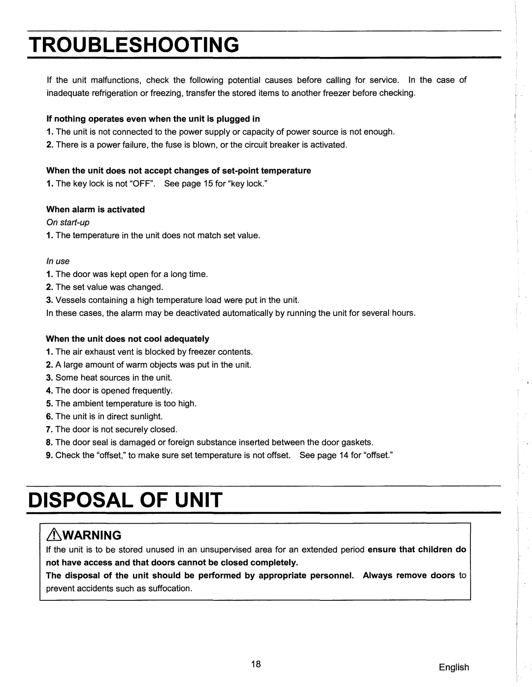 Sanyo SF-L6111 instruction manual Troubleshooting, Disposal of Unit 