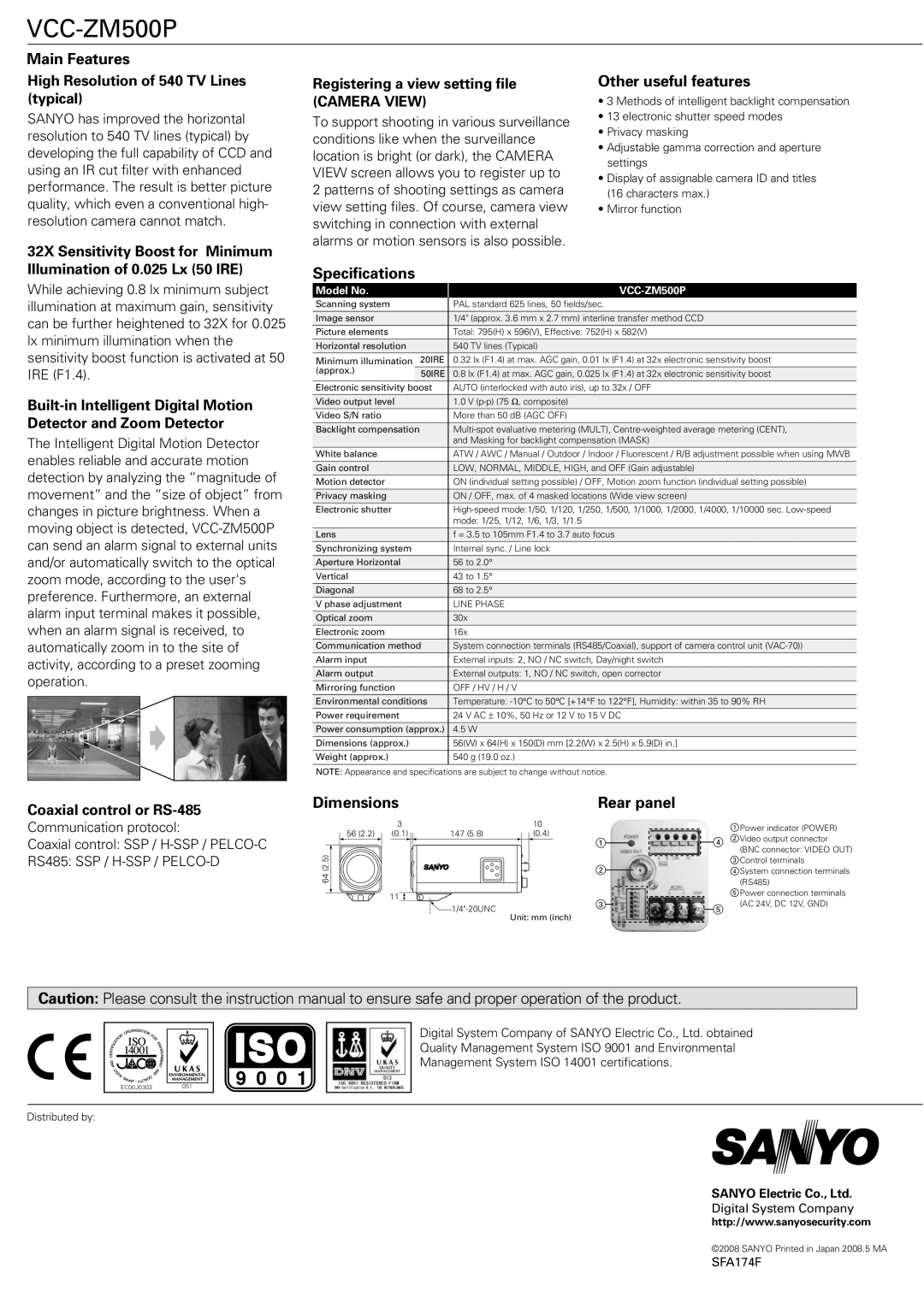 Sanyo SFA174F manual Main Features High Resolution of 540 TV Lines typical, Registering a view setting file, Specifications 