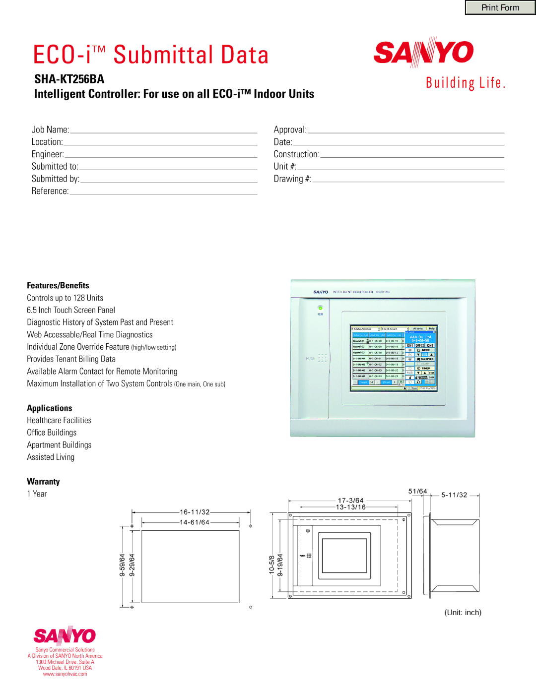 Sanyo SHA-KT256BA warranty ECO-iSubmittal Data, Intelligent Controller For use on all ECO-i Indoor Units, Applications 