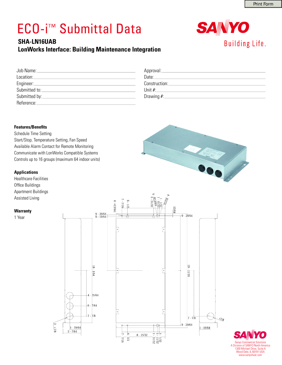 Sanyo SHA-LN16UAB warranty ECO-iSubmittal Data, LonWorks Interface Building Maintenance Integration 