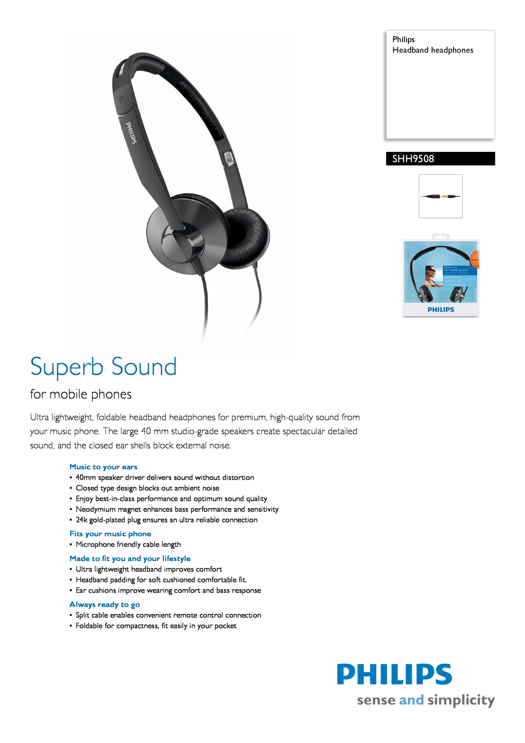 Sanyo SHH9508 manual Philips Headband headphones, Superb Sound, for mobile phones 