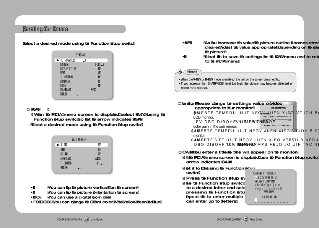 Sanyo SID-70 Image ADJ Monitor LCD CAM Title OFF Sync INT, Privacy OFF DIS Language, REV OFF Zoom Font Color, Sharpness 