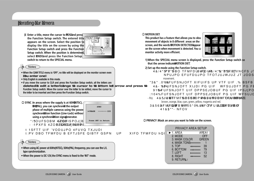 Sanyo SID-70 manual Privacy Area Setup, Mode OFF, Mask Tone TOP Bottom Left Right Return 