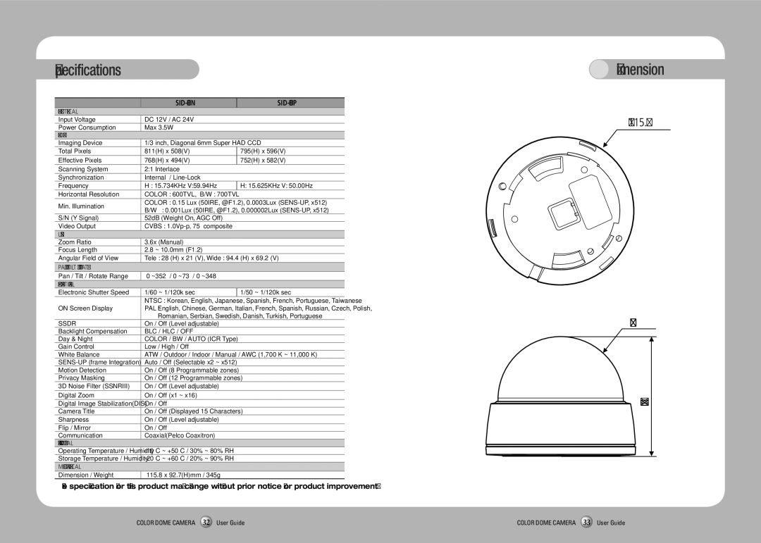 Sanyo manual Specifications, Dimension, SID-70N SID-70P 