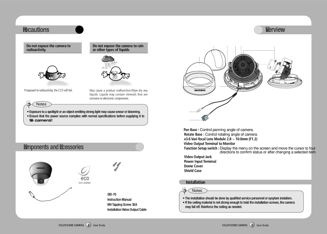 Sanyo SID-70 Components and Accessories, Overview, Do not expose the camera to, Radioactivity Or other types of liquids 