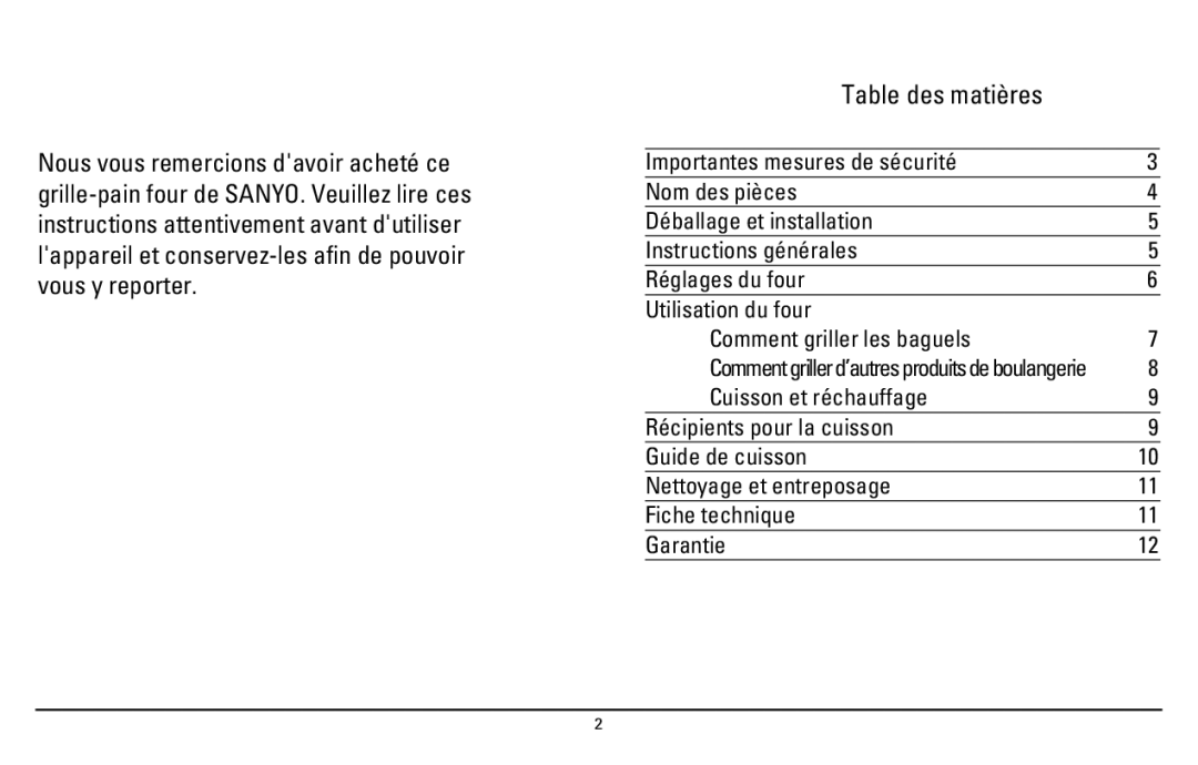 Sanyo SK-7S instruction manual Table des matières 