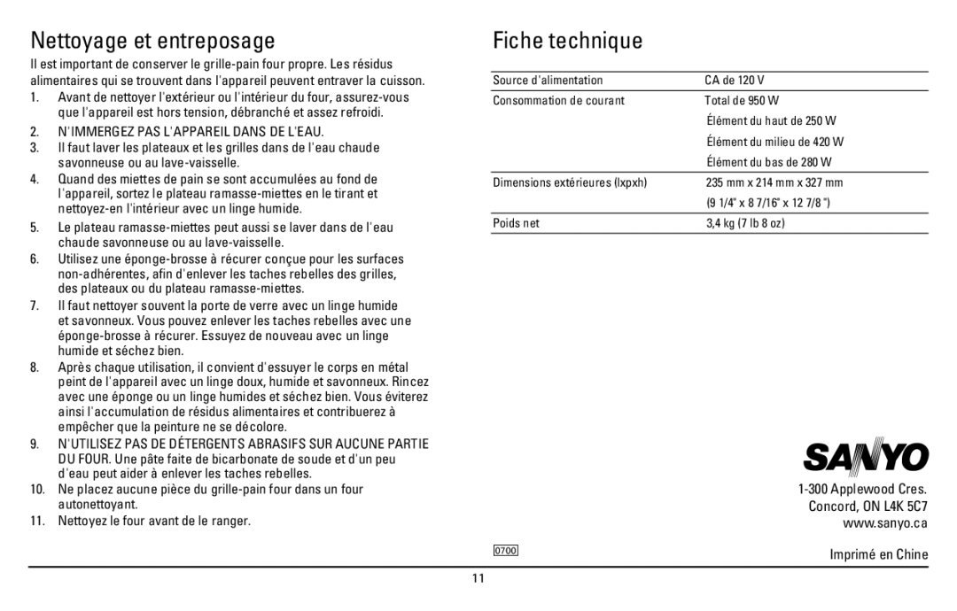 Sanyo SK-7S instruction manual Nimmergez PAS Lappareil Dans DE Leau, Applewood Cres Concord, on L4K 5C7 