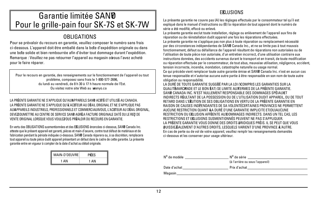 Sanyo SK-7S instruction manual Obligations 