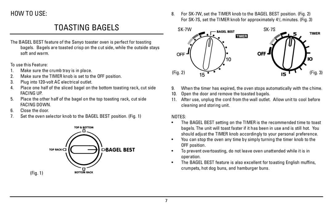 Sanyo SK-7S instruction manual Toasting Bagels, Facing UP, Facing Down, SK-7W 